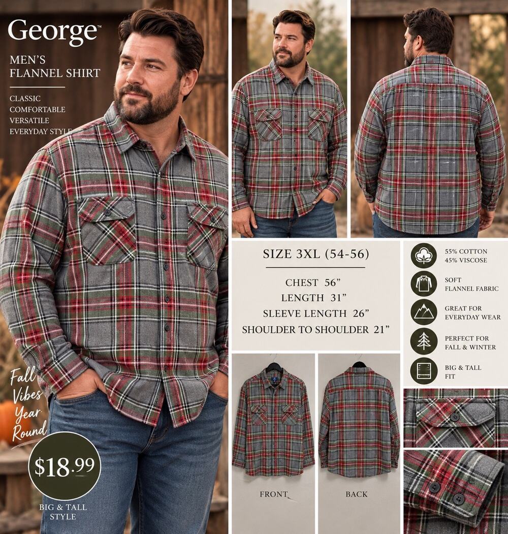 George Men's 3XL Big & Tall Flannel Plaid Long Sleeve Button-Up Shirt Pockets